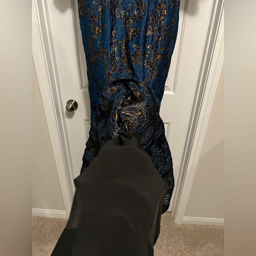 Badgley Mischka Metallic Brocade Jacquard Maxi Dress Blue Gold Puff Sleeve Dress - Picture 7 of 14